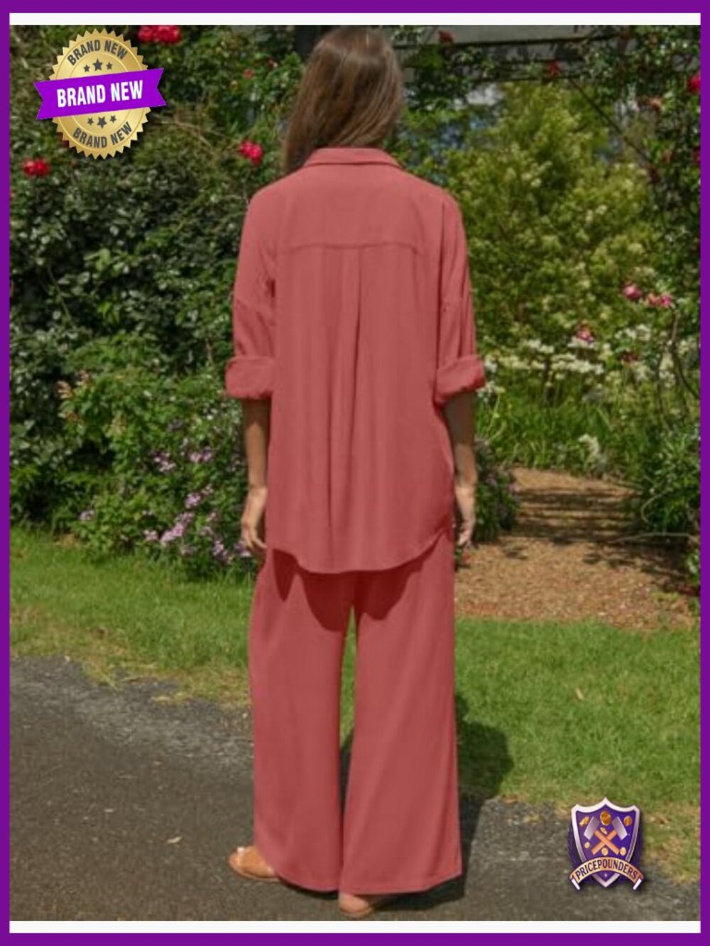 Women's Linen 2 Piece Lounge Set, Button Down & Wide Leg Pants - Picture 4 of 7